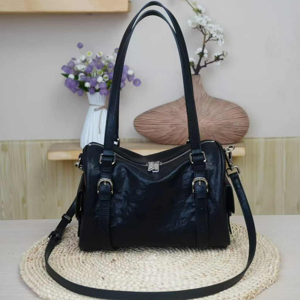 2026 New Genuine Leather Women's Handbags Boston Bags Retro Vegetable Tanned Cowhide Ladies Shoulder Bags Crossbody Bags