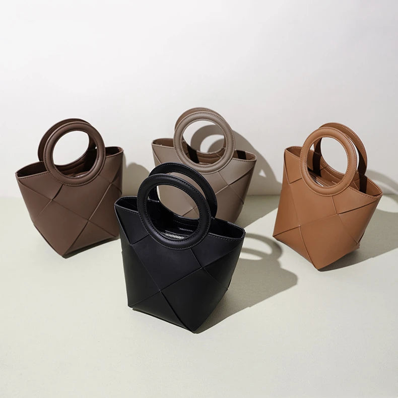 2026 New Genuine Leather Women's Handbags Crossbody Bags High Quality Cowhide Hand Woven Bags Fashion Bucket Bags for Women