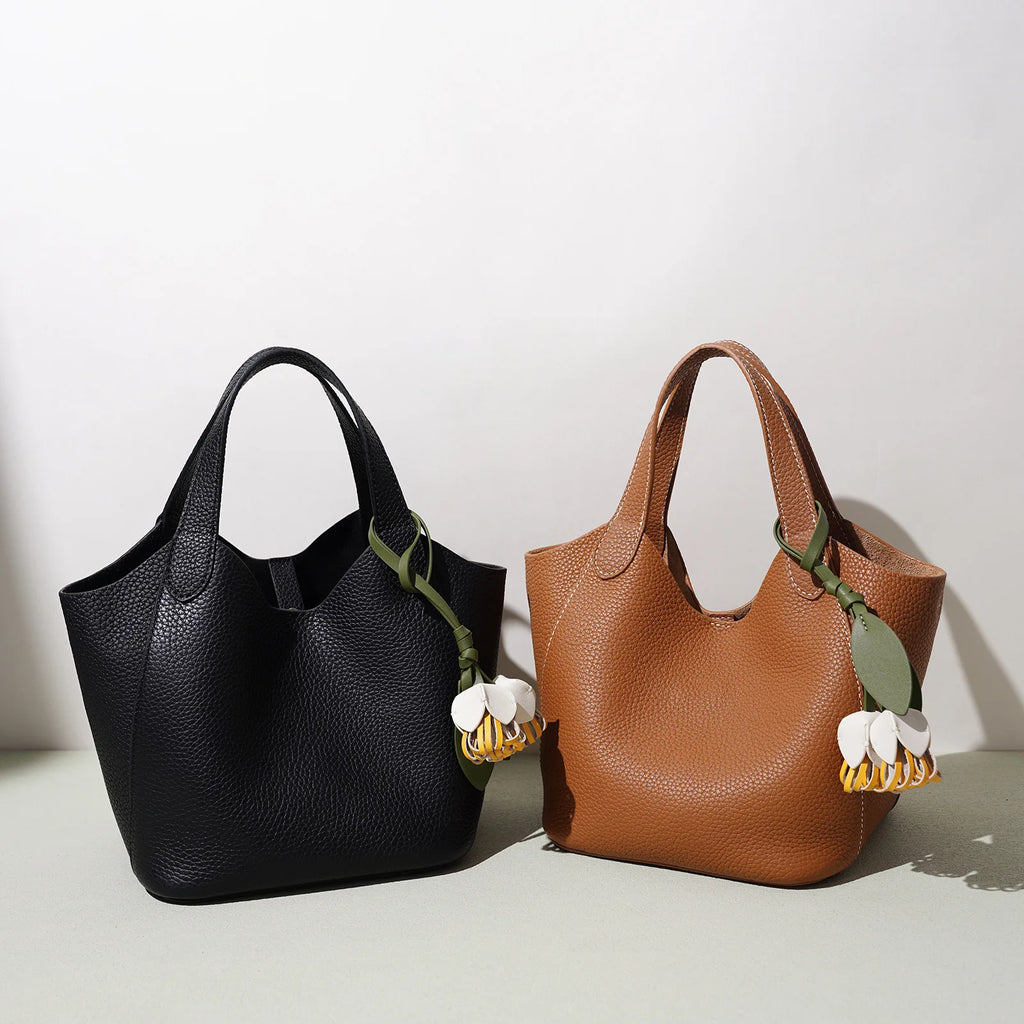 2026 New Genuine Leather Women's Handbags Casual Fashion Women's Shoulder Bags Crossbody Bags Lychee Grain Cowhide Bucket Bags