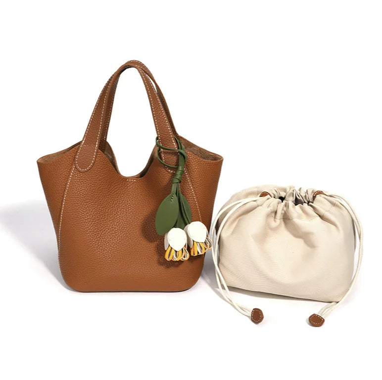 2026 New Genuine Leather Women's Handbags Casual Fashion Women's Shoulder Bags Crossbody Bags Lychee Grain Cowhide Bucket Bags