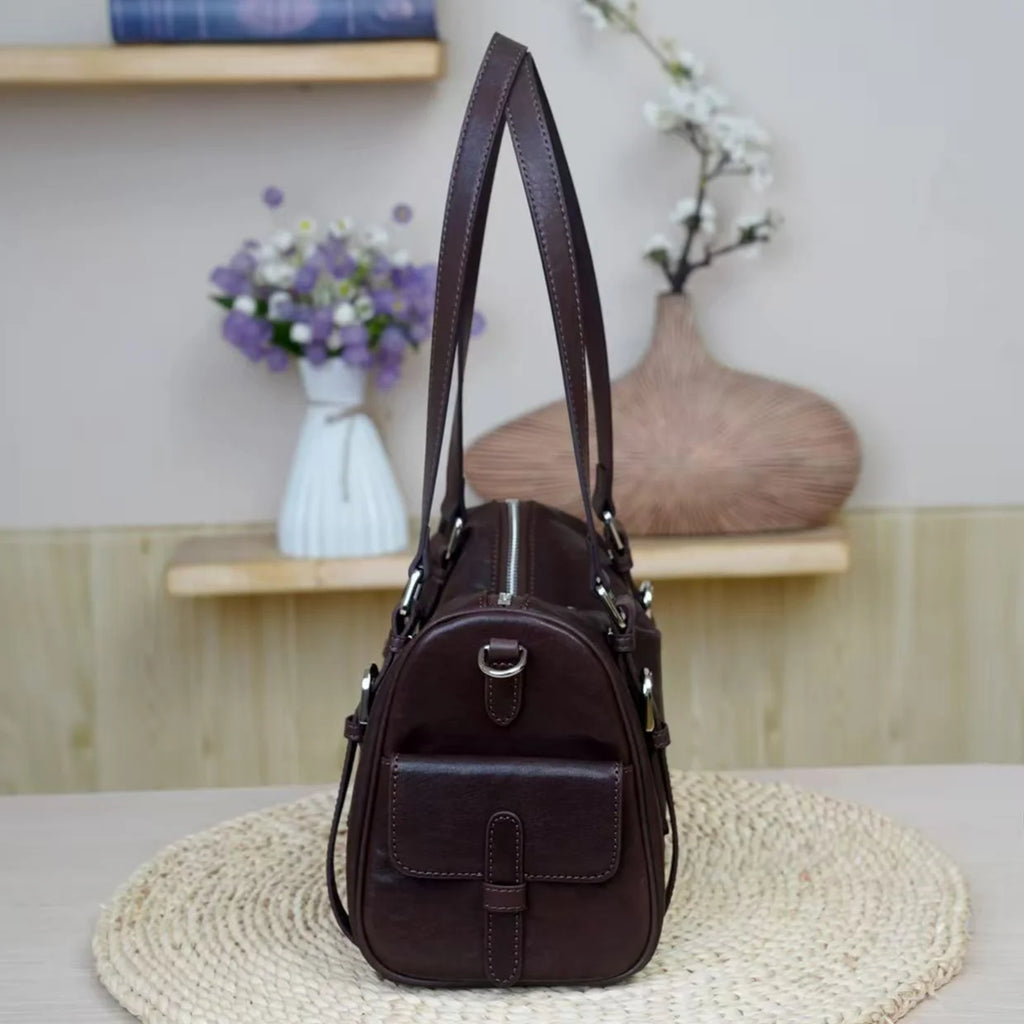 2026 New Genuine Leather Women's Handbags Boston Bags Retro Vegetable Tanned Cowhide Ladies Shoulder Bags Crossbody Bags
