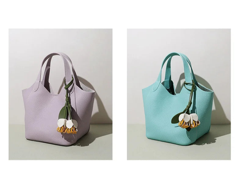 2026 New Genuine Leather Women's Handbags Casual Fashion Women's Shoulder Bags Crossbody Bags Lychee Grain Cowhide Bucket Bags
