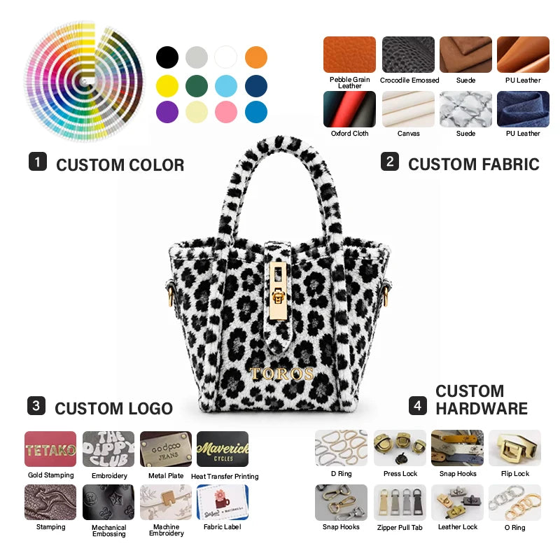 2026 New Leopard Print Plush Faux Fur Women Bucket Tote Bag Top Handle Turn-Lock Closure Handbag OEM Custom Wholesale CB10141
