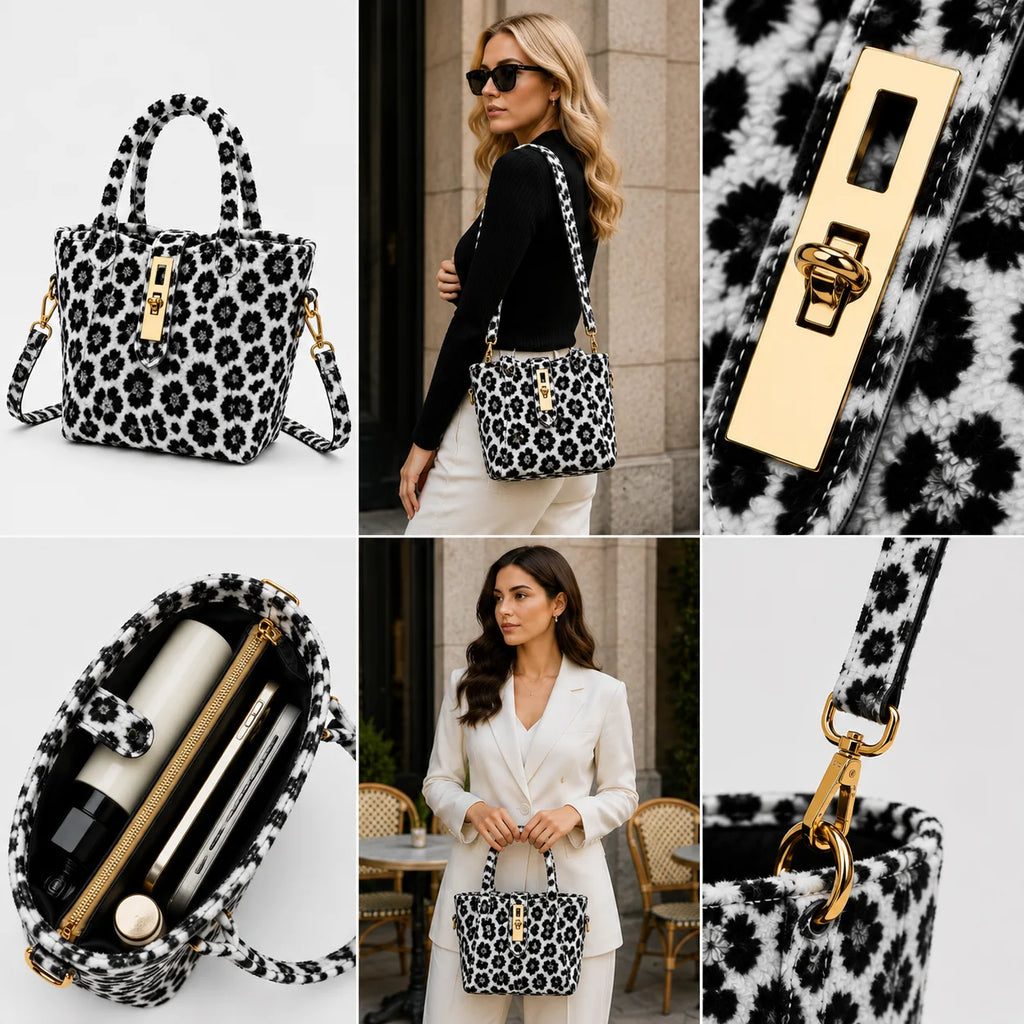 2026 New Leopard Print Plush Faux Fur Women Bucket Tote Bag Top Handle Turn-Lock Closure Handbag OEM Custom Wholesale CB10141