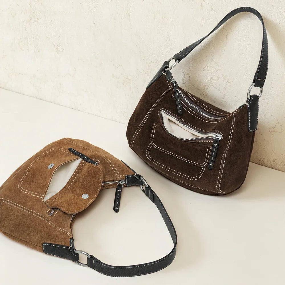 2026 New Nubuck Cowhide Women's Handbags Retro Style Genuine Leather Women's Shoulder Bags Crossbody Bags Suede Bags