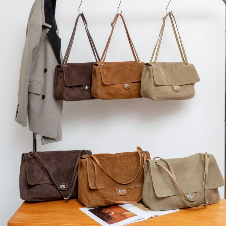 2026 New Nubuck Cowhide Women's Shoulder Bags Crossbody Bags Large Capacity Genuine Leather Ladies Bags Suede Bags