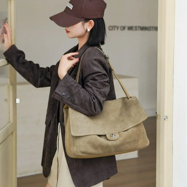 2026 New Nubuck Cowhide Women's Shoulder Bags Crossbody Bags Large Capacity Genuine Leather Ladies Bags Suede Bags