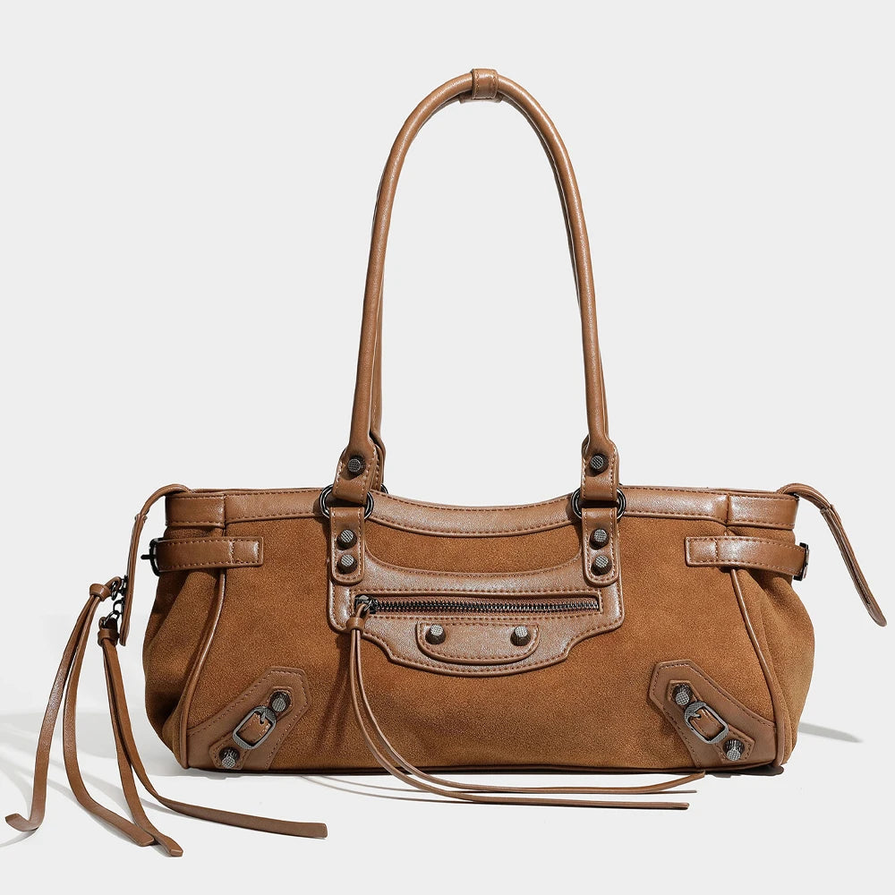 2026 New Retro Suede PU Motorcycle Bag for Women Versatile Riveted for Bag High-End Large Capacity Shoulder Handbag Two Zipper