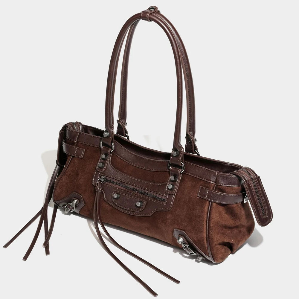 2026 New Retro Suede PU Motorcycle Bag for Women Versatile Riveted for Bag High-End Large Capacity Shoulder Handbag Two Zipper