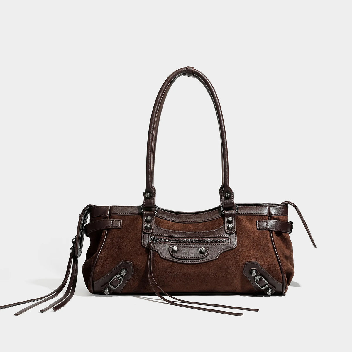 2026 New Retro Suede PU Motorcycle Bag for Women Versatile Riveted for Bag High-End Large Capacity Shoulder Handbag Two Zipper