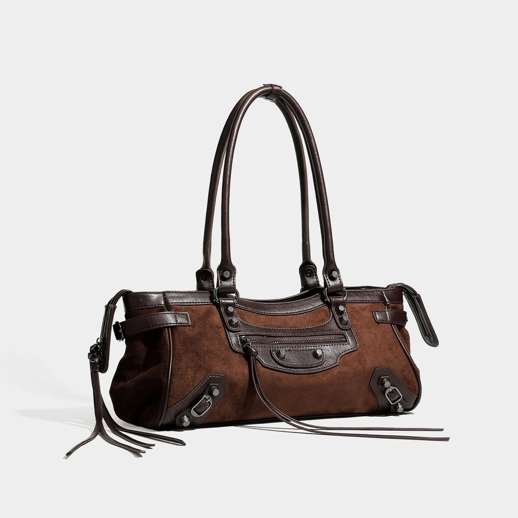 2026 New Retro Suede PU Motorcycle Bag for Women Versatile Riveted for Bag High-End Large Capacity Shoulder Handbag Two Zipper