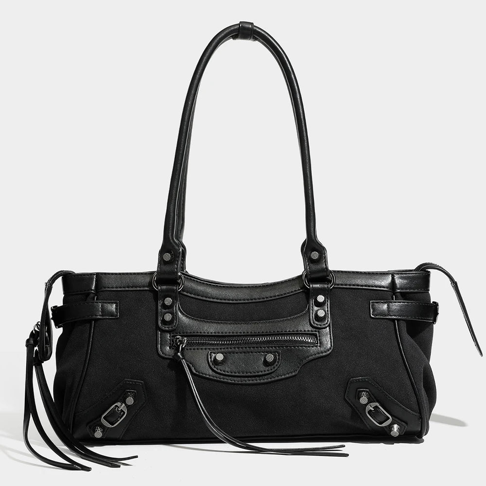2026 New Retro Suede PU Motorcycle Bag for Women Versatile Riveted for Bag High-End Large Capacity Shoulder Handbag Two Zipper