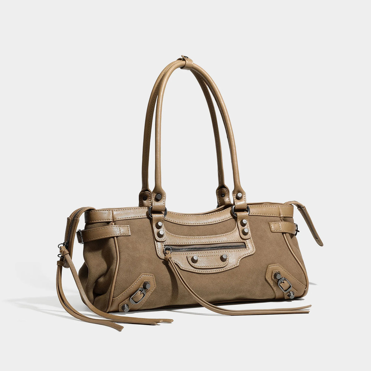 2026 New Retro Suede PU Motorcycle Bag for Women Versatile Riveted for Bag High-End Large Capacity Shoulder Handbag Two Zipper