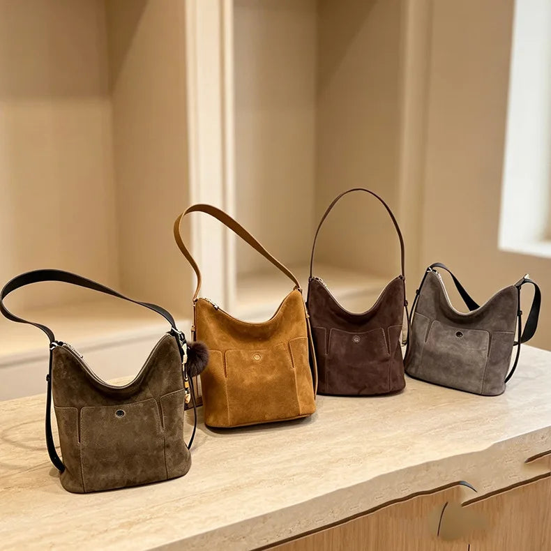2026 New Style Suede Leather Bags Casual Fashion Genuine Leather Women's Shoulder Bags Hobo Bag Retro Nubuck Cowhide Ladys Bags