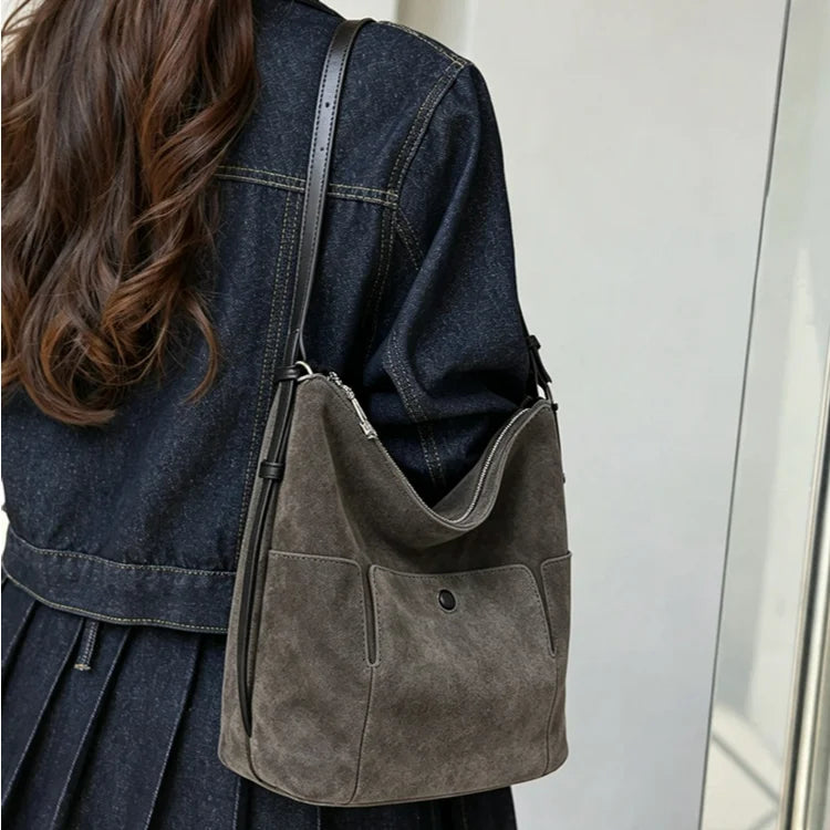 2026 New Style Suede Leather Bags Casual Fashion Genuine Leather Women's Shoulder Bags Hobo Bag Retro Nubuck Cowhide Ladys Bags