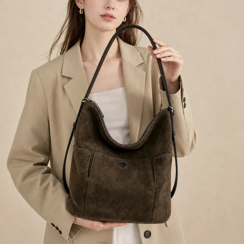2026 New Style Suede Leather Bags Casual Fashion Genuine Leather Women's Shoulder Bags Hobo Bag Retro Nubuck Cowhide Ladys Bags