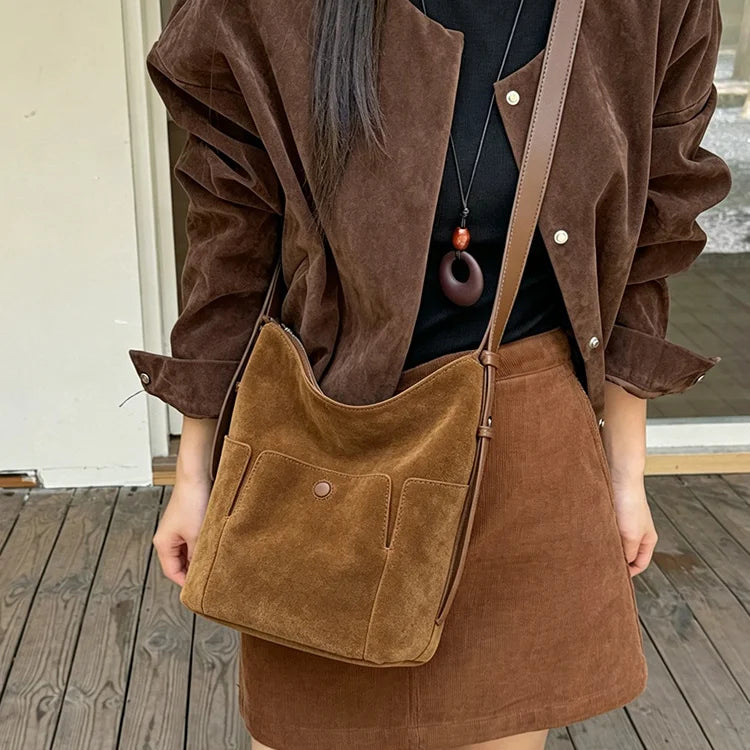 2026 New Style Suede Leather Bags Casual Fashion Genuine Leather Women's Shoulder Bags Hobo Bag Retro Nubuck Cowhide Ladys Bags
