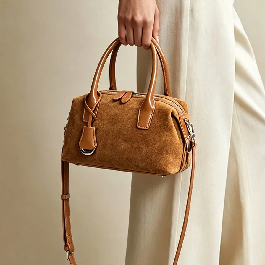 2026 New Suede Bags Casual Fashion Nubuck Cowhide Women's Handbags Crossbody Bags Retro Boston Bag Genuine Leather Ladies Bags