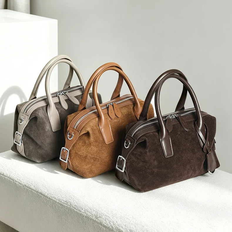 2026 New Suede Bags Casual Fashion Nubuck Cowhide Women's Handbags Crossbody Bags Retro Boston Bag Genuine Leather Ladies Bags
