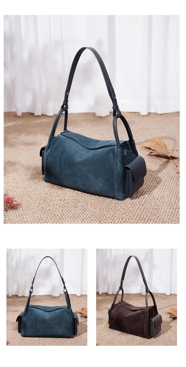 2026 New Suede Leather Bags Retro Casual Nubuck Cowhide Women's Shoulder Bags Underarm Bags Genuine Leather Handbags for Women