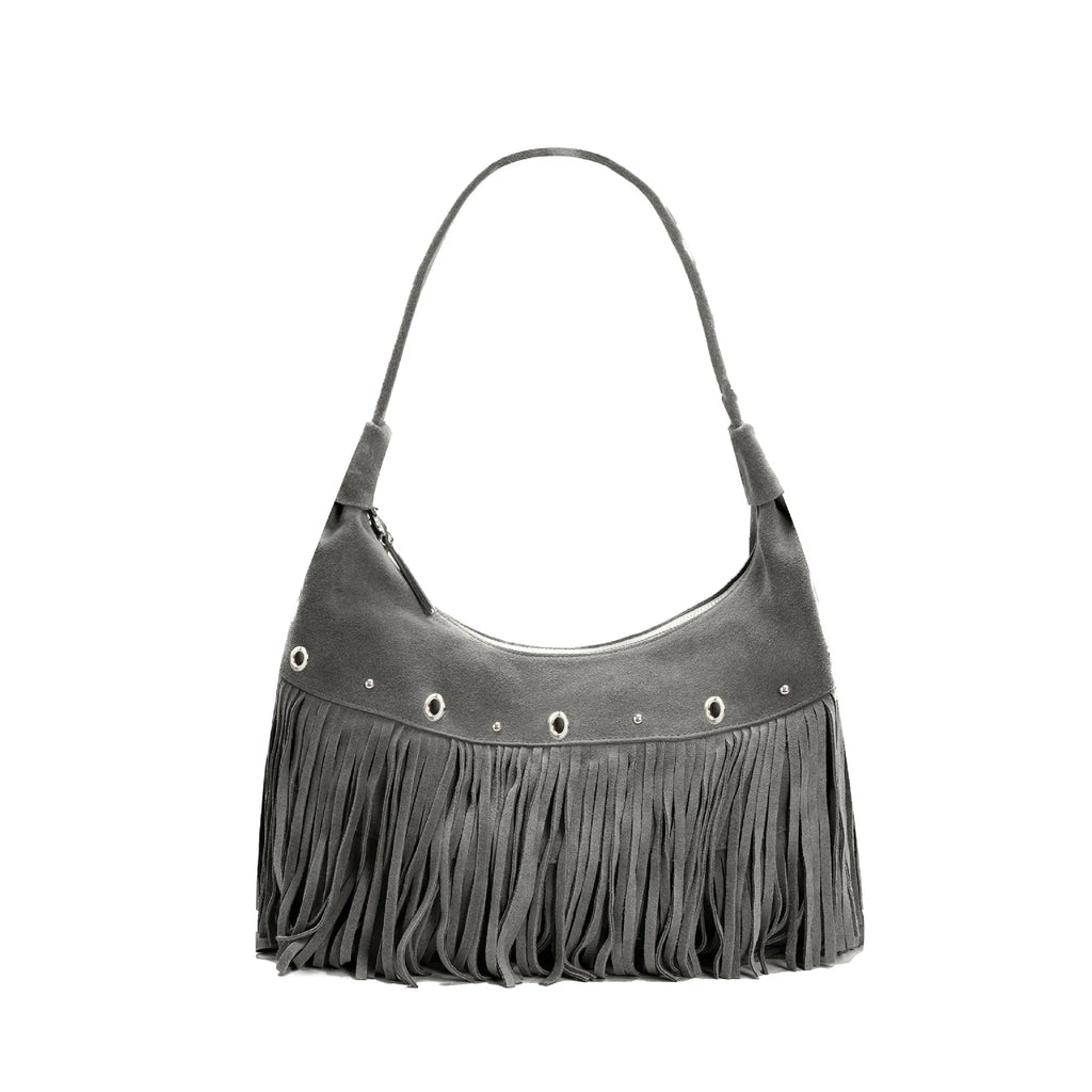 2026 New Suede Leather Women's Shoulder Bags Underarm Bags Fashion Rivet Tassel Decoration Genuine Leather Ladies Bags