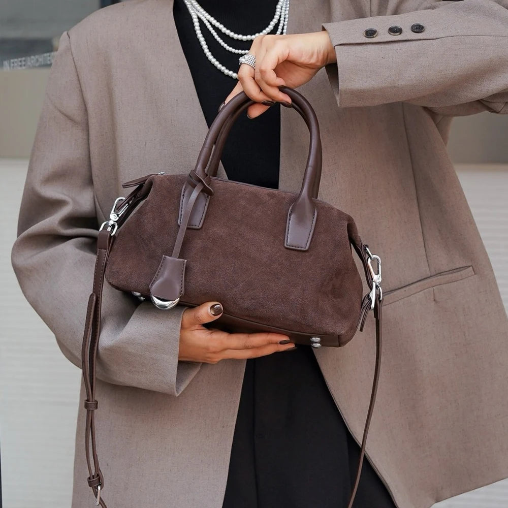 2026 New Women's Boston Bag First-Layer Suede Cowhide Leather Vintage Handbag and Crossbody Shoulder Bag