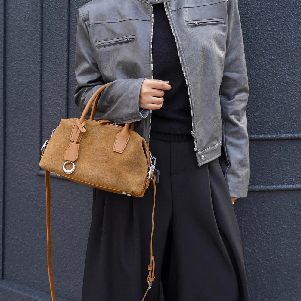 2026 New Women's Boston Bag First-Layer Suede Cowhide Leather Vintage Handbag and Crossbody Shoulder Bag