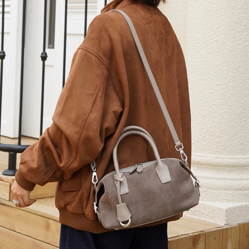 2026 New Women's Boston Bag First-Layer Suede Cowhide Leather Vintage Handbag and Crossbody Shoulder Bag