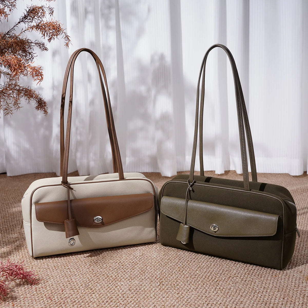2026 New Women's Shoulder Bags Underarm Bags Retro Boston Bags Casual Fashion Fabric with Cowhide Material Ladies Bags OEM ODM