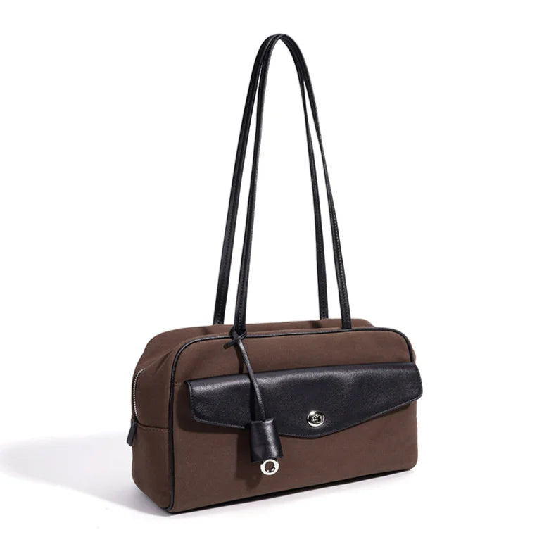 2026 New Women's Shoulder Bags Underarm Bags Retro Boston Bags Casual Fashion Fabric with Cowhide Material Ladies Bags OEM ODM