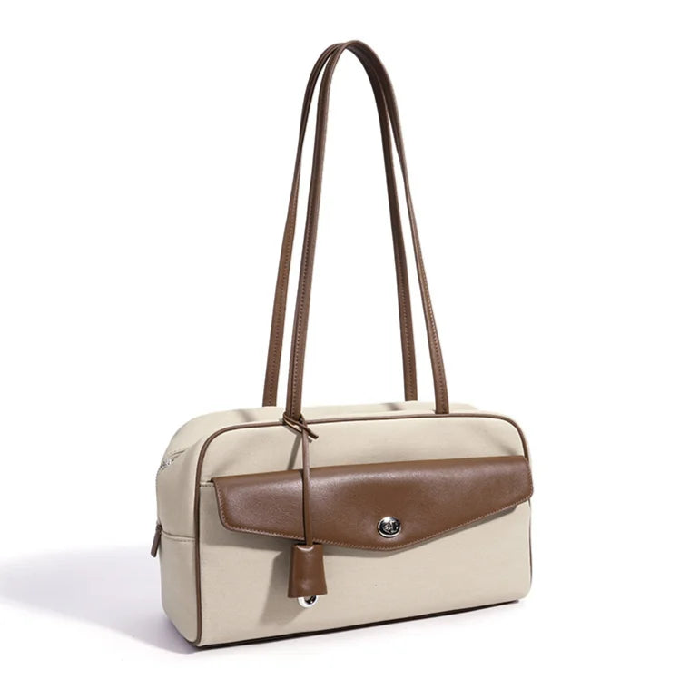2026 New Women's Shoulder Bags Underarm Bags Retro Boston Bags Casual Fashion Fabric with Cowhide Material Ladies Bags OEM ODM