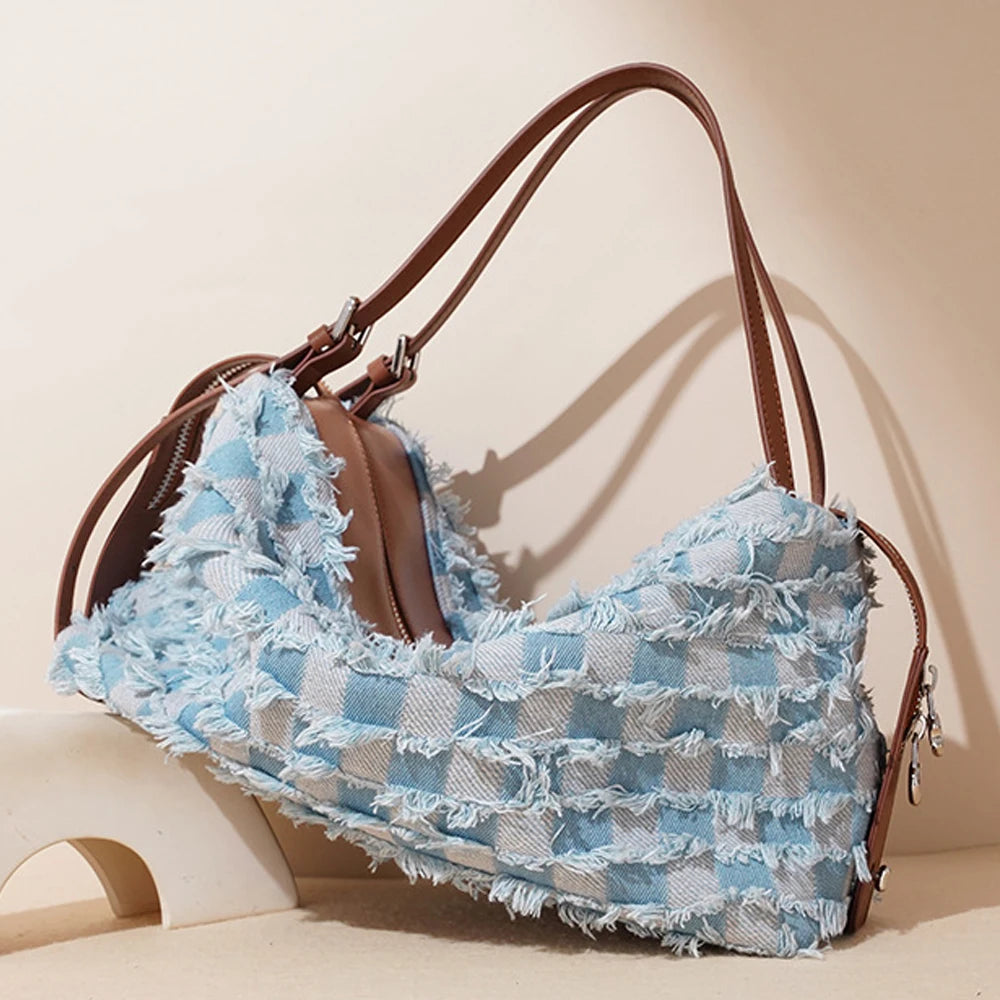2026 Summer Fashion Denim Luxury Women Genuine Leather Zipper Handbag Portable Shoulder Bag