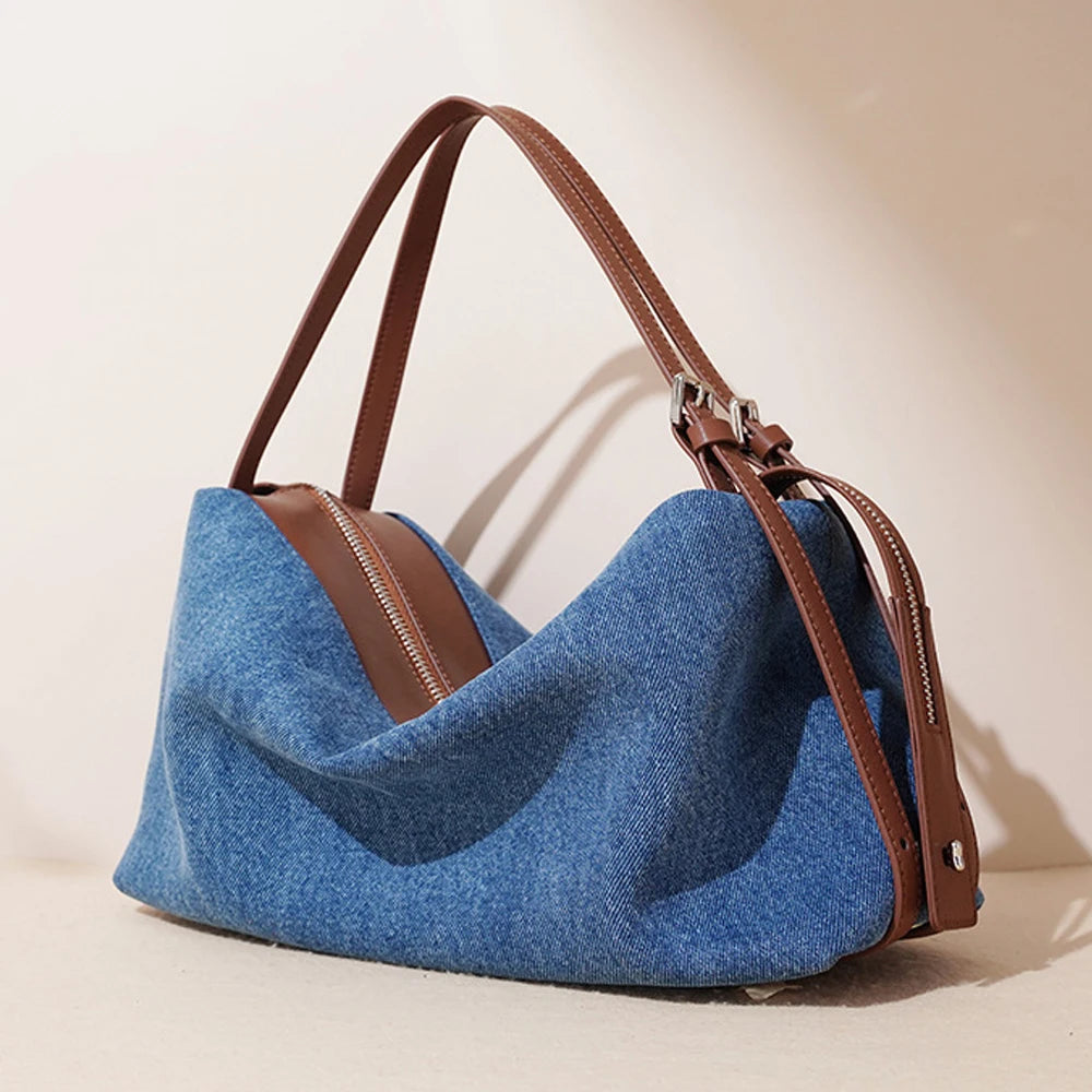 2026 Summer Fashion Denim Luxury Women Genuine Leather Zipper Handbag Portable Shoulder Bag
