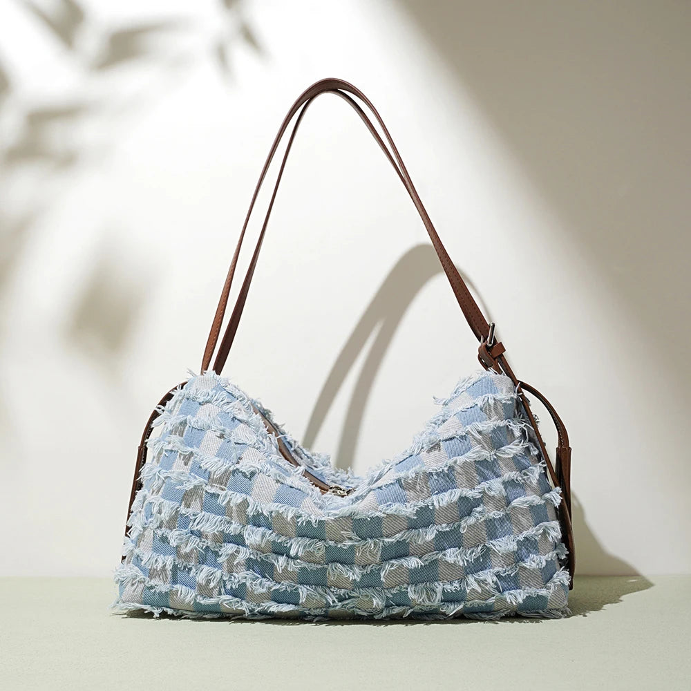 2026 Summer Fashion Denim Luxury Women Genuine Leather Zipper Handbag Portable Shoulder Bag