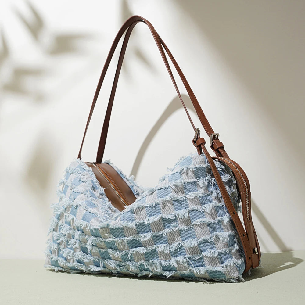 2026 Summer Fashion Denim Luxury Women Genuine Leather Zipper Handbag Portable Shoulder Bag