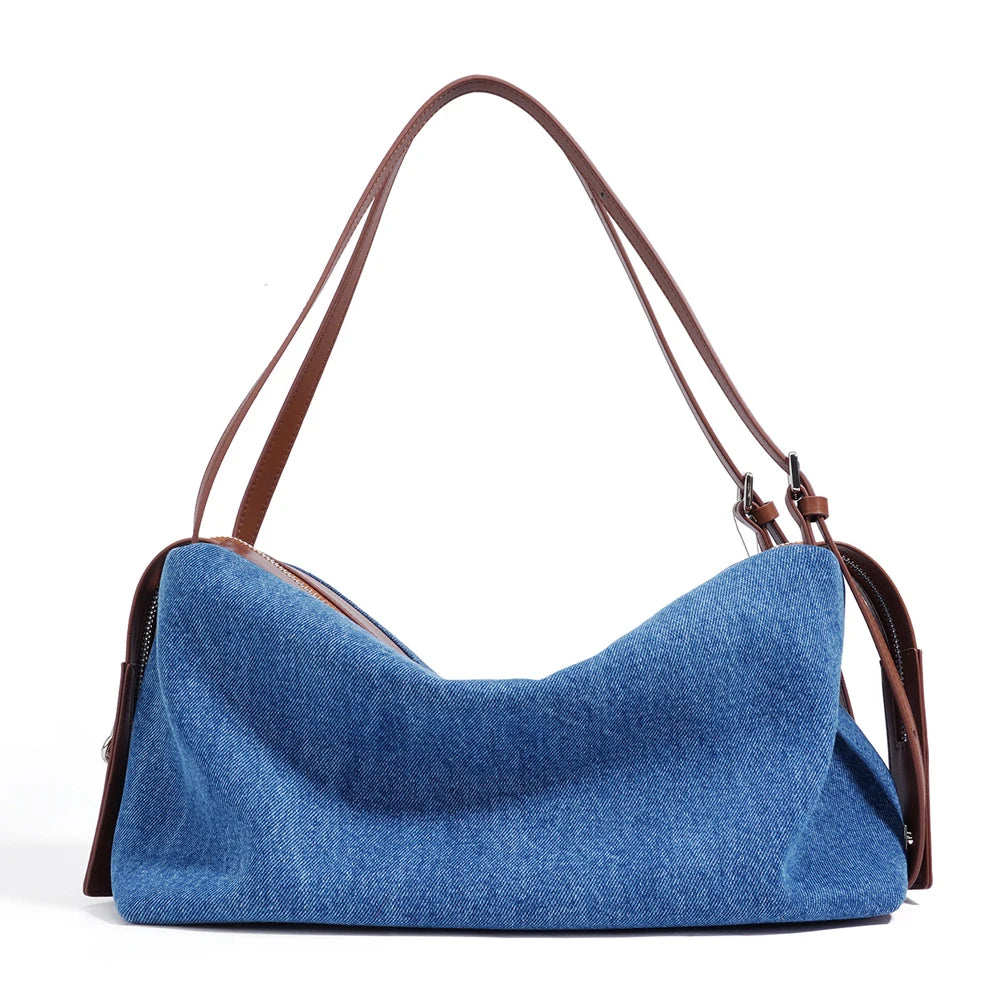 2026 Summer Fashion Denim Luxury Women Genuine Leather Zipper Handbag Portable Shoulder Bag
