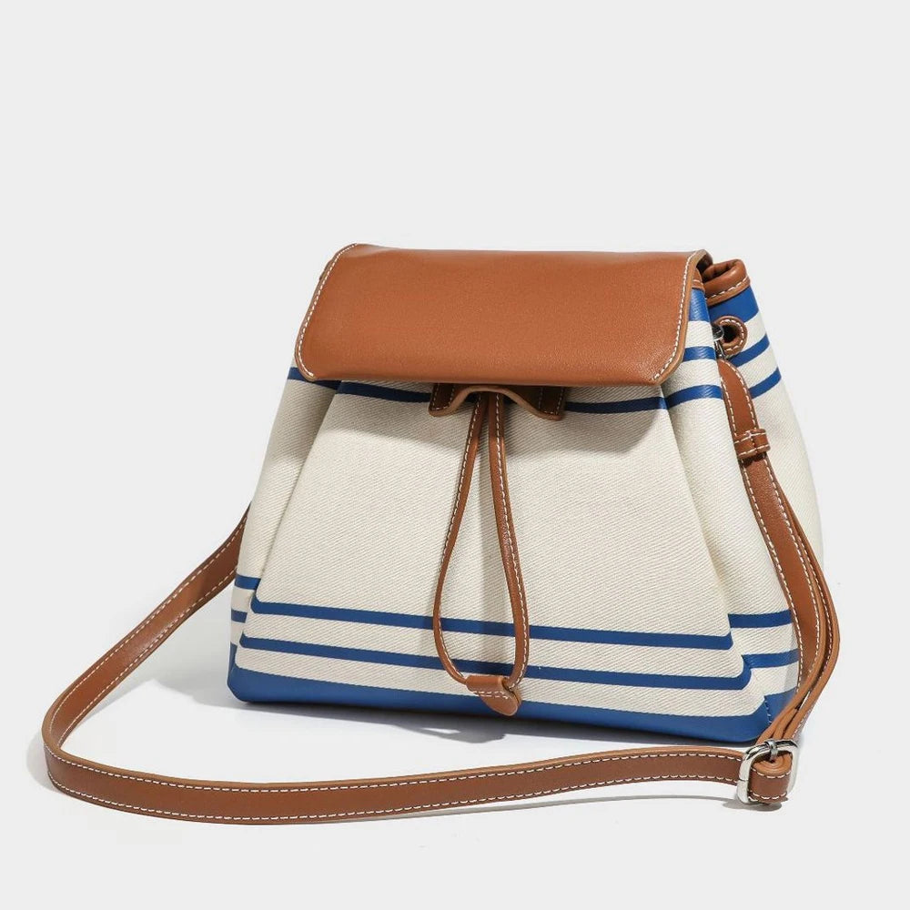 2026 Trendy Striped Backpack Women PU Leather Flap Drawstring Rucksack for School Travel