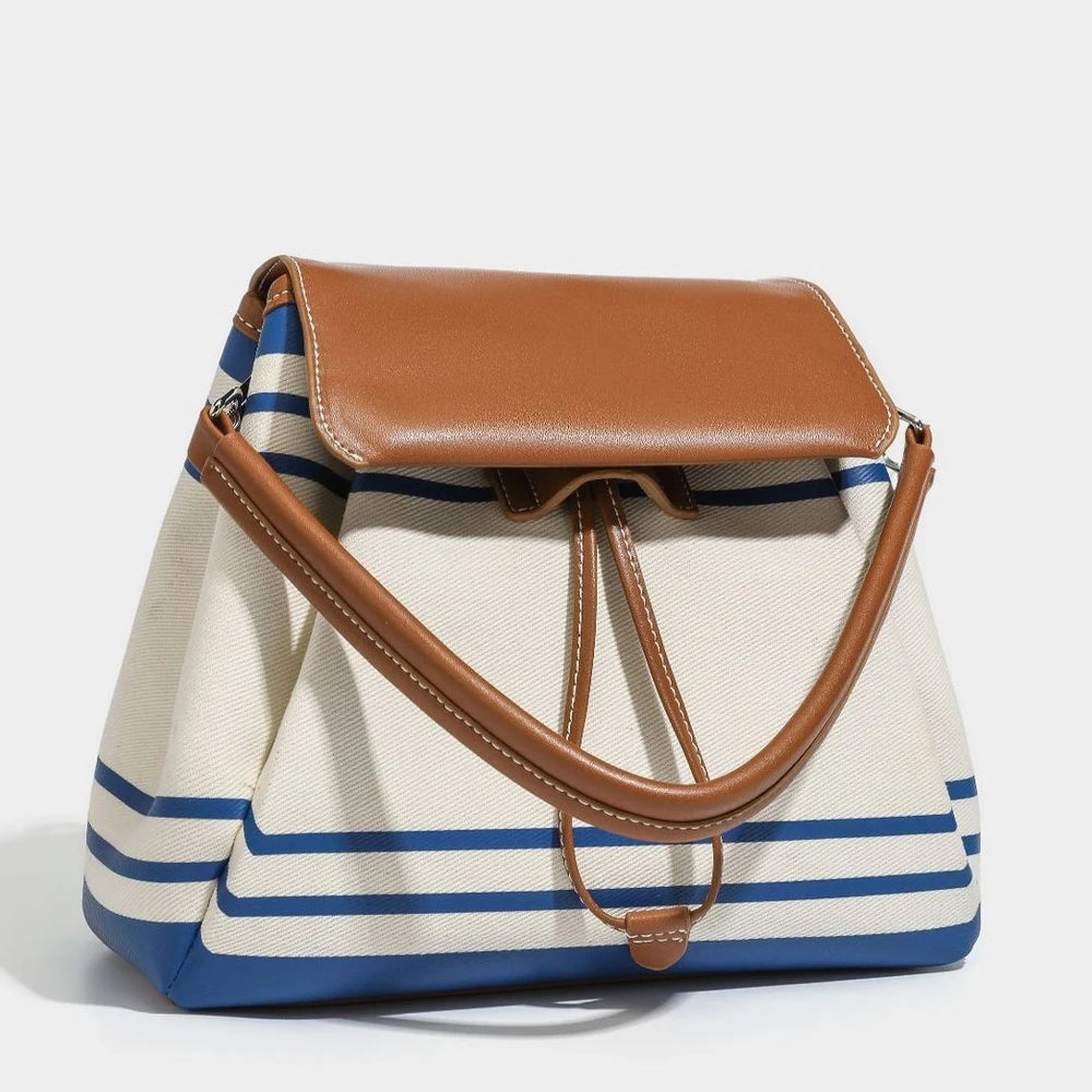 2026 Trendy Striped Backpack Women PU Leather Flap Drawstring Rucksack for School Travel