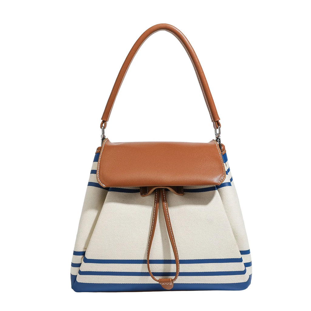 2026 Trendy Striped Backpack Women PU Leather Flap Drawstring Rucksack for School Travel