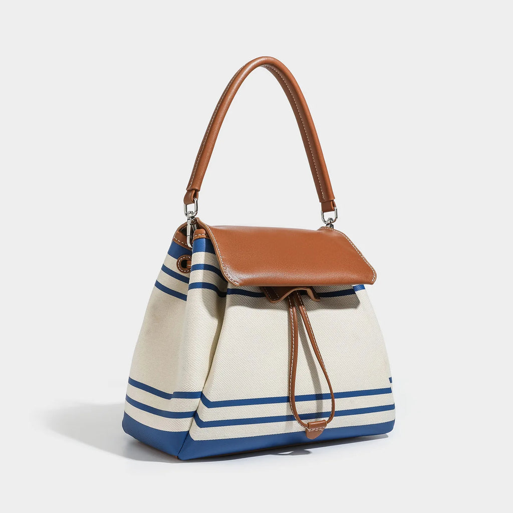 2026 Trendy Striped Backpack Women PU Leather Flap Drawstring Rucksack for School Travel