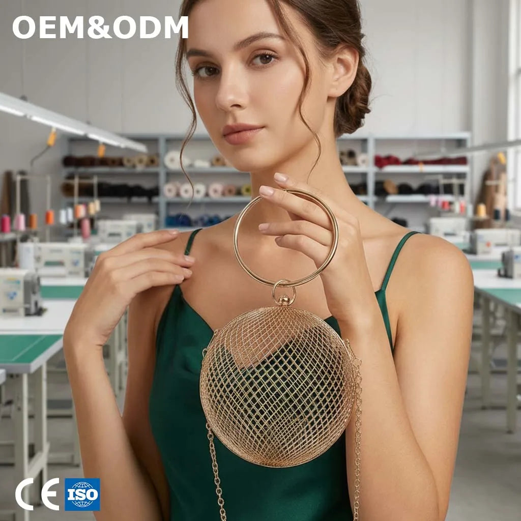 3039 D Luxury Metal Mesh Round Evening Hand Bag Detachable Chain Strap Clutch Purse Formal Banquet Wedding for Women Girls