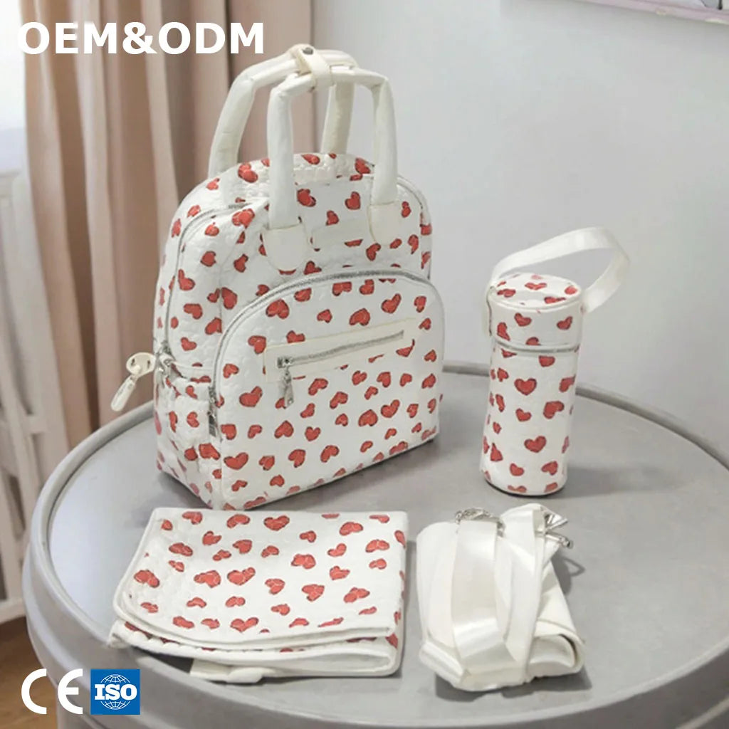 3071 K Women's Fashion Red Heart Print Nylon Handbag Set Easy Clean Baby Bottle Holder Multi-accessory Diaper Bag Organizer