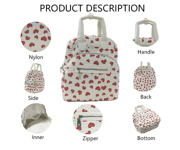 3071 K Women's Fashion Red Heart Print Nylon Handbag Set Easy Clean Baby Bottle Holder Multi-accessory Diaper Bag Organizer