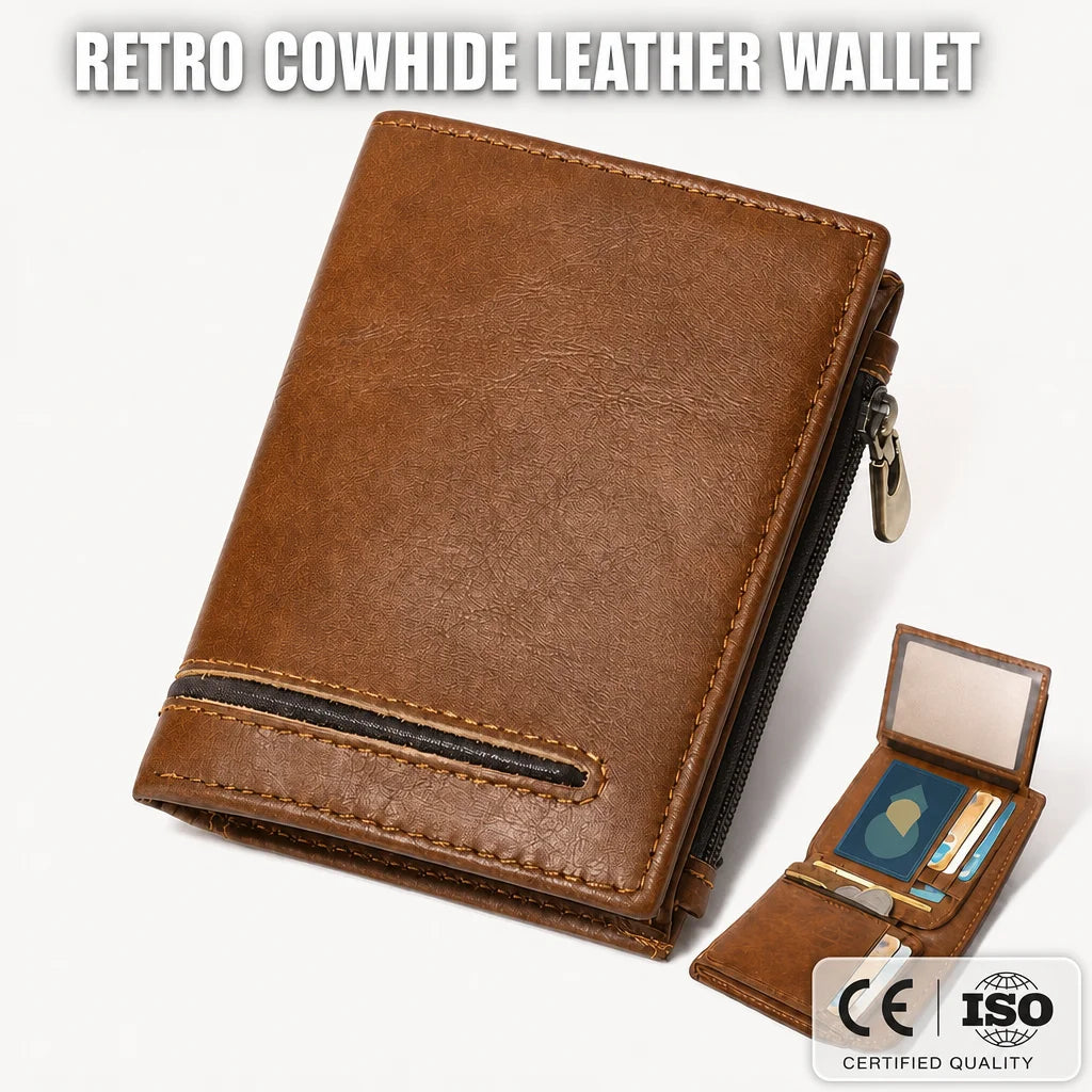 3161 Men Retro Cowhide Genuine Leather RFID Wallet Solid Color Slim Coin Purse Short Card Holder Waterproof Wholesale Gift Lady