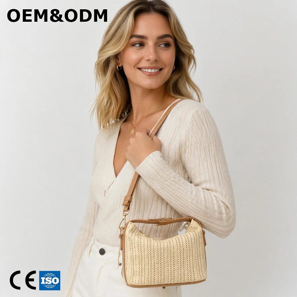 3172 Premium Artisan Paper Straw Mixed Texture Soft Touch Handmade Woven Straw Tote Bag for Beach Vacation Travel Summer Holiday
