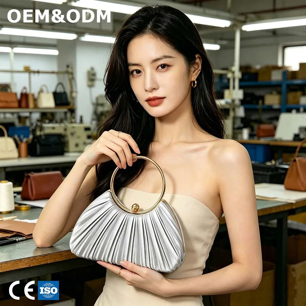 3187-Luxury Pleated Evening Bag Elegant Metal Handle Clutch Purse Women Wedding Bridal Prom Party Banquet Formal Dinner