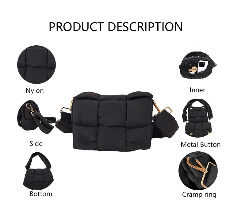 3206 Womens Single Shoulder Bag Quilted Polyester Fashion Puffer Style Lightweight Autumn Winter Use