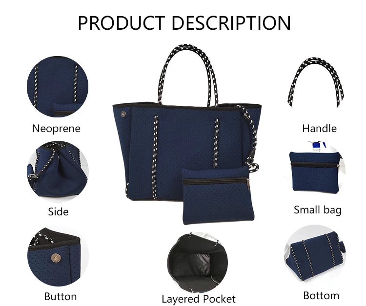 3208 B Neoprene Beach Tote Bag Set Perforated Lightweight Women Shoulder Handbag Large Capacity Travel Carry Bag for OEM ODM