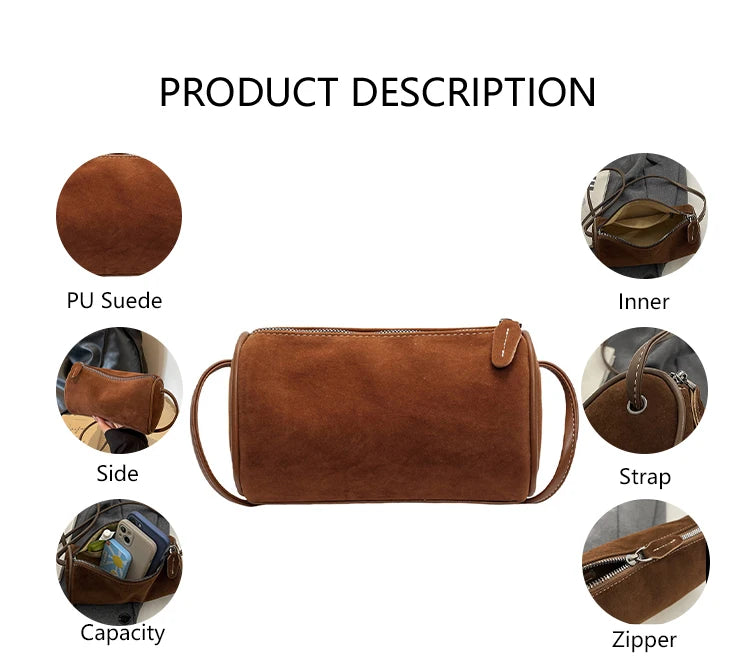 3216 High-grade Synthetic Suede Photoshoot Barrel Bag Cylinder Purse Crossbody Handbag Boho Aesthetic Trendy Tote