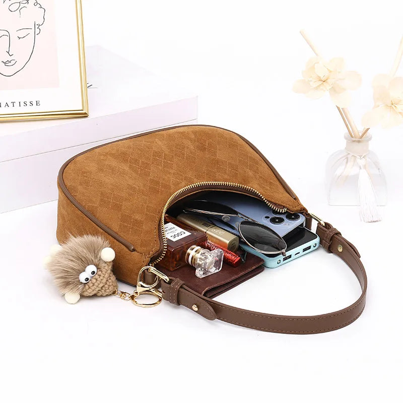 3279 Women's Autumn Winter Shoulder Crossbody Frosted Saddle Vintage Suede Tote Bag Zip Portable Underarm Bags for Women